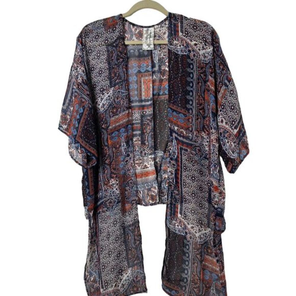 Sadie & Sage Small Blue Paisley Print Sheer Front Tie Women's Open Cardigan